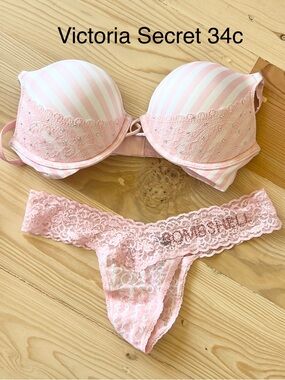 Victoria's Secret Pink Striped Lace Push-Up Bra & Lace Thong Set